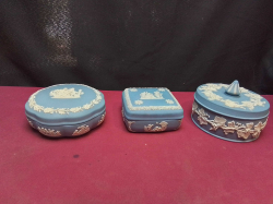 3 Light Blue Large Wedgwood Trinket Lid Boxes (2 Round and 1 Square)