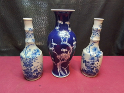 A Pair of Underglaze Blue and White Chinese  Bottle Vases. H.23 Cm. And A Chinese Vase H.27 Cm.