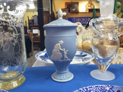 A beautiful blue and white Wedgwood jasperware  vase and cover in very good condition. A lovely collector item. W.11 H.23 Cm.