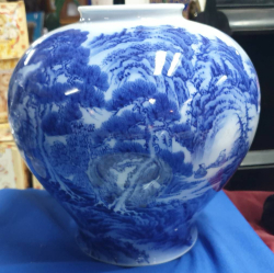 A very beautiful  and unusual shape Chinese style oriental hand painted blue and white porcelain vase with factory mark to base .W.20 H.22 Cm.