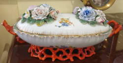 A very rare Rococo style early 19th Century C,1830-1840 Coral Meissen tureen with beautiful hand made flowers to lid and hand painted decoration, Crossed sword factory mark to base. slight a/f. L.27 W.13 H.10  Cm. 