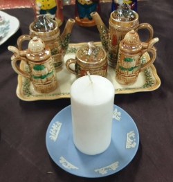 A Wedgwood blue and white jasperware  candle saucer holder and beautiful cruet set 
All in good condition