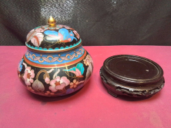 A Small  Cloisonné Jar with Lid and Wooden Stand.W.12 H.16 Cm.