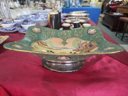 19th Century Chinese Footed Bowl, Famille Noire Hand Painted Embossed Raised Gold with Vibrant Colors Depicting Chinese Ladies Stamped to base mint condition 22x29 Cm. 