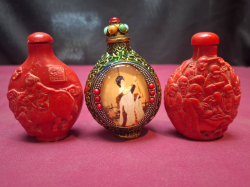 2 Very Nice Vintage Chinese Snuff Bottles & A Beautiful Old Brass semi Preciouses Stones Classical Snuff Bottles.  