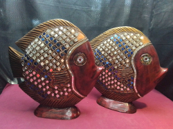 A Pair of Carved Wooden Fish with Mirror Tiles.W.37 H.38 Cm.
