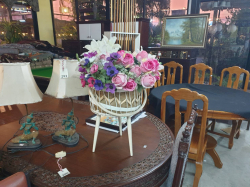 Mid 20th century retro sewing basket H.44 Cm.with quantity of lovely  silk flowers