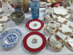 Art Nouveau glass vase and two Aynsley hand painted porcelain plate