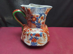 A Rare Masons Large Jug with Serpent Handle C186 Marked to Base with Blue Masons Crown and Ironstone China Polychrome  Decoration of Brilliani Colore Red, yellow, blue and Enhanced with Gilt. W.23 H.23 Cm.