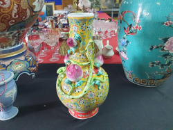 A beautiful Chinese yellow imperial colour hand decorated enameled  porcelain vase with Chinese seal mark to the base  in wonderful condition. W.20 H.38 Cm.
