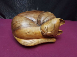 A  Lovely Wooden Handcrafted of Sleeping Cat Statue. W.22 H.9 Cm.