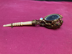 A Very Unusual Victorian Proamtic Ball Posy Holder French Gilt Brass with Mother of Pearl Handle Set with Semi Precioues Stones Very Rare.