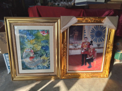 2 Large Pictures in nice Frames, Thai King Rama 10/ Queen and King Fish 53x65Cm. 