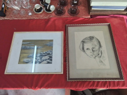 2 Framed Pictures, Charcoal Drawing 49x40 Cm.and Golden Rock Sand, both Signed. 