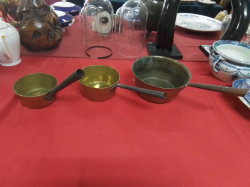 3 Heavy Brass Pans with Steel Handles.