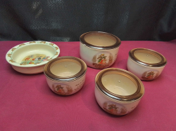 A set of four French lidded bowls with French inscriptions and Royal Doulton bunnykins bowl W.16 H.4 Cm.