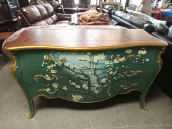 A Green Hand Painted Louis XV-style accent chest featuring a blossom design and gold accents. D.58 L.150 H.90 Cm. 