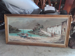 A Large Oil on Canvas of A Beached Boat Slight Tear.140x70 Cm.