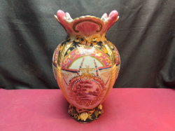 A Large Masons Vase Beautifully Hand Crafted Porcelain Victorian Style with Flared Neck Hand Painted & Embossed with Gilt 35 Cm. H.x 23Cm. W. Mint Condition