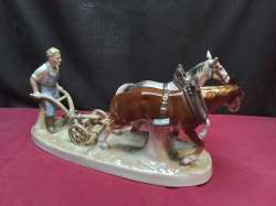 A Beautiful Polychrome Porcelain Hand Painted 1935s 39 Cm. long. Farmer Plowing Field made By Carl Scheidig Germany. Mint Condition Stamped to Base  