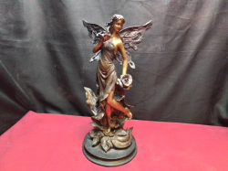 A Beautiful Vintage Hot-Cast Winged Lady 16 inches Tall Holding Flowers Art Noveau Design with a Lovely Patina