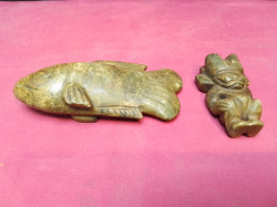 2 Ancient Chinese serpentine stones. Fish W.17 H.8 Cm. 