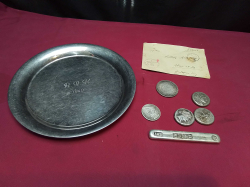 6 beautiful old souvenir coins on a vintage 1940 plate W.24 Cm. and Nazi letter 