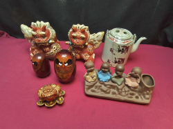 6 Pieces of Chinese and Japanese items. and Very old Chinese teapot decorated with birds and tree. W.14 H.12 Cm. 
