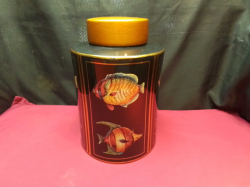 A Large 34Cm.x24 Cm. Lidded Porcelain Storage Jar in Black & Gilt with Beautiful Tropical Fish Panels.  