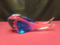 Murano Sommerso Hand Blown Art Glass Whale Cobalt Blue &  Amethyst Purple Encased in Clear Crystal Perfect Condition. L.27 H.10 Cm.
