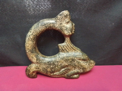 A Chinese Very Old Hongshan Culture Artifact Fish Dragon Mans Head Very Heavy Jade on Stone Very Good Condition Clong Found & Restored. L.24 H.22 Cm.