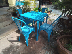 A Blue Steel Table W.70 H.75 Cm. and 4 foldable Chairs