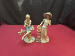 2 Pottery Figures Girl with Flute (Germany) H.24 Cm. and girl with Flower (Nadal) H.26 Cm..