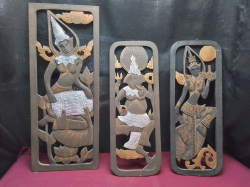 3 Nice Wooden Wall Hanging Carvings with Silver Edges. Large 24x59 Cm. Small 19x49 Cm.