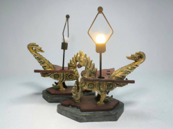 A pair of old decorative Burmese wooden lamp of Pyinsarupa.L.46  H.58  Cm.