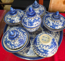 A Blue and White  Ceramic Thai Offering with Stamped to base. (Try W.31 H.14 Cm.)