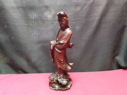 A Chinese Hand Carved Wooden Guanyin Figure Standing on a fish, Stamped to base 1898. W.10 H.31 Cm.