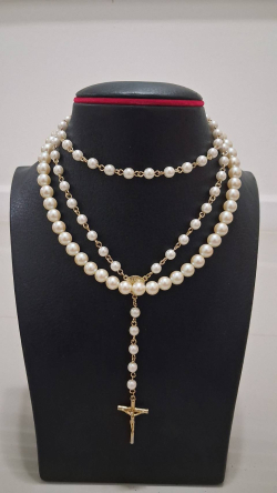 Vintage Catholic Rosary gold Tone Caged Faux Pearls Christ on the Cross and  Vintage Silver Tone Lock 6mm Cream Faux Pearl Beaded Necklace 20