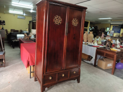 A  Dark Red Lacquer Antique Chinese Ming-Style Cabinet with secret channel. W.103 D.60 H.194 Cm.