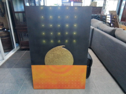 A Contemporary Art Picture featuring a gold textured   Circle on a black and orange. 80x120 Cm. 