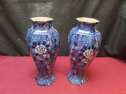 A Pair of Blue & White Chinese Antique Jingdezhen Porcelain Ceramic Vase Hexagon Shape. H.30 Cm.