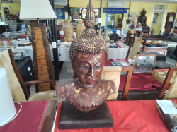A Large Buddha Head on Stand. H.77 W.41 D.23 Cm.