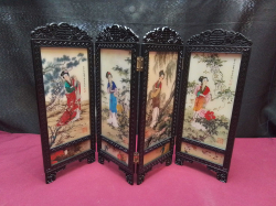 A Lovely 4 Panel Hand Painted Chinese Desk Scene  Signed. L.43 H.28 Cm.