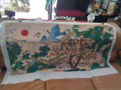 A lovely beautiful large Japanese embroidery depicting cranes and blossom plum . 69x140 Cm.
