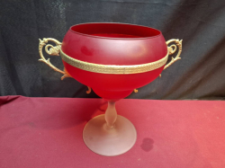A very nice vintage red & clear opaque glass bowl with gilt metal handles. W.27 H.25 cm. 