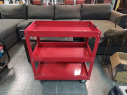 A Red 3 Shelf Tool Service Cart with wheels. W.36 L.90 H.80 Cm.