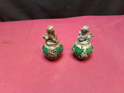 A Pair of Vintage Tibetan Silver Green Jade Foo Dog 