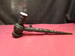 A High quality large carved wood opium pipe. L.40 H.14 Cm.