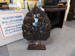 Thai Wood Carving features twin Elephants beneath a Bodhi tree. W.59 H.97 Cm.