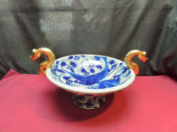 An  Antique Chinese  Blue and White Bowl with gold colored handles Snakes.W.43 H.23 Cm.